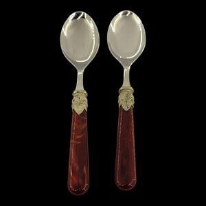 Tiffani Boutique Italy Stainless Spoons Red Marbled Acrylic Handles Set 2 EME